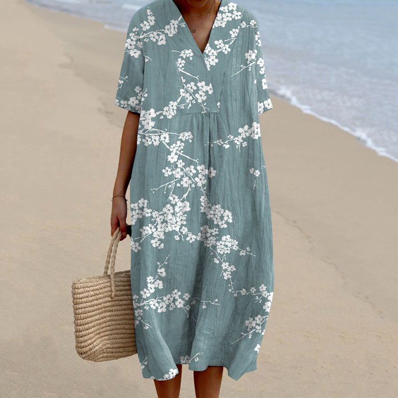 Comstylish Japanese Cherry Blossoms Art Printed V Neck Casual Midi Dress