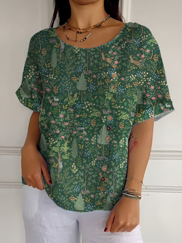 Comstylish Women's Casual Forest Animal Plant Flower Cotton And Linen Shirt