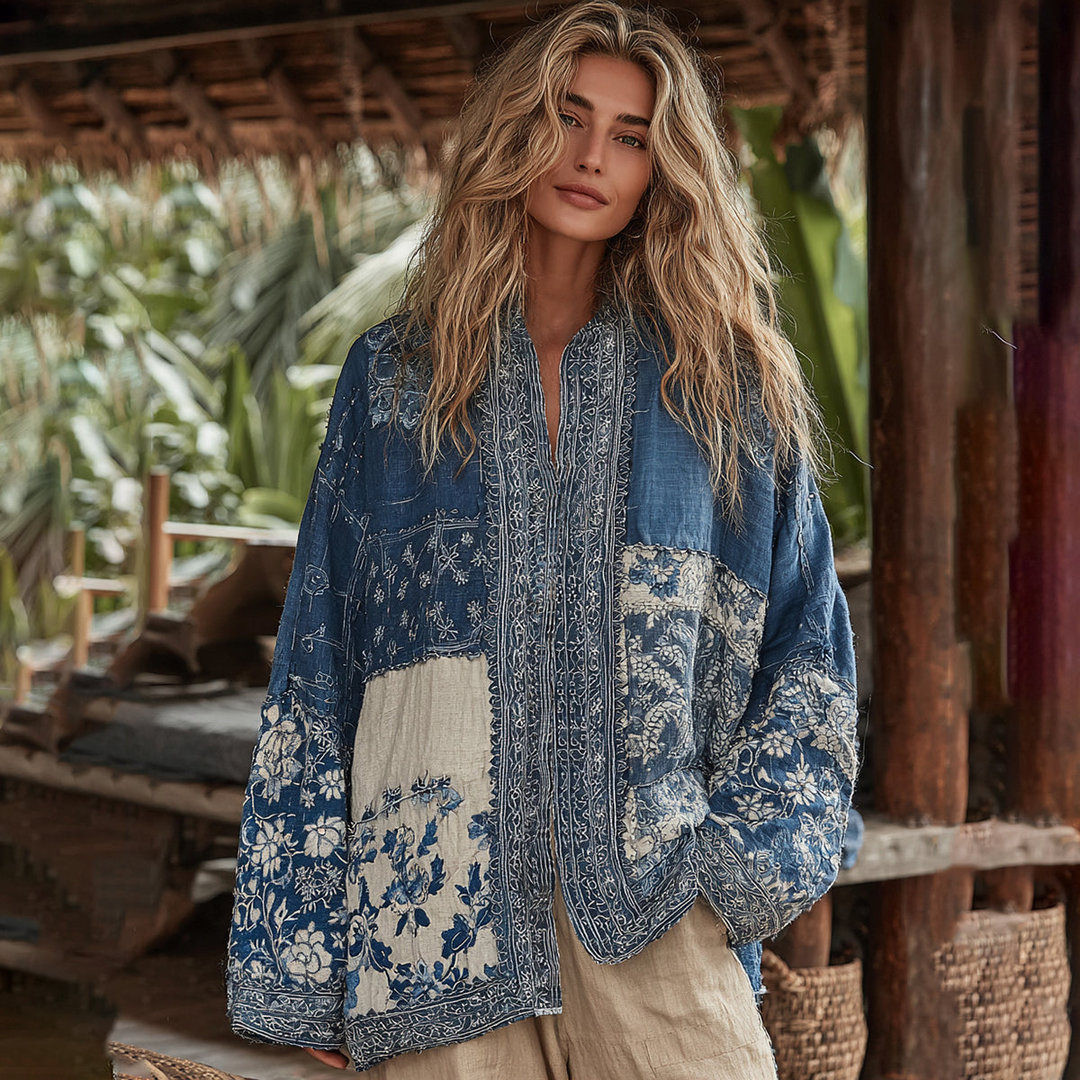 Retro Bohemian Floral With Japanese Traditional Sashiko Art Embroidery Print Cotton And Linen Blend Kimono Cardigan artswardrobe