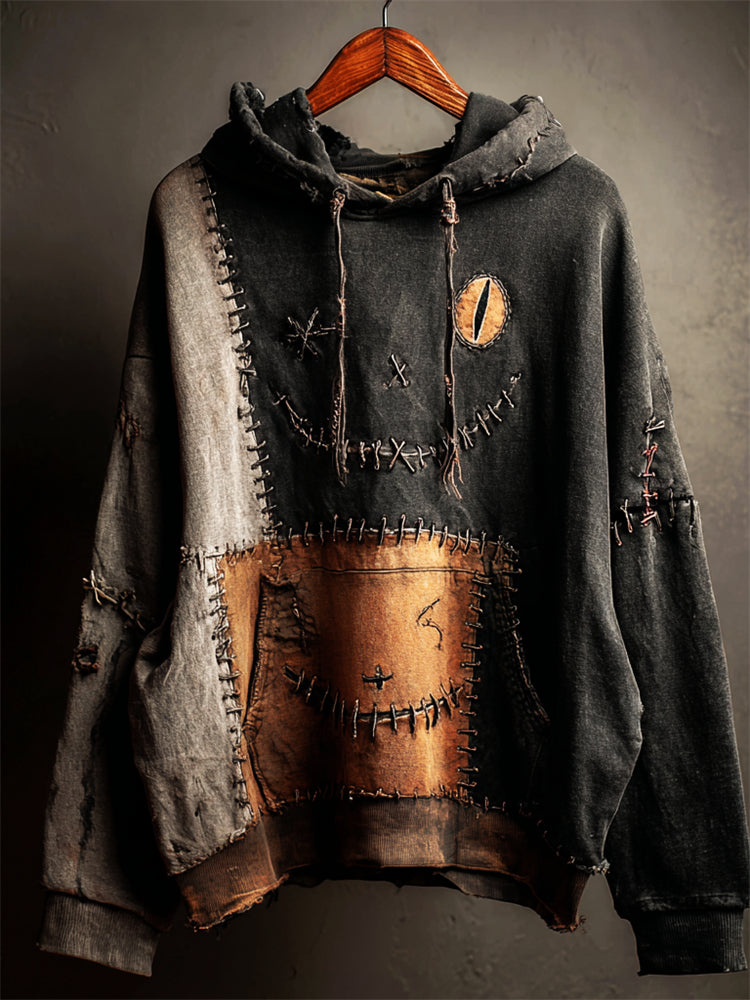 Comstylish Halloween Black Cat Face Colorblock Patchwork Washed Hoodie