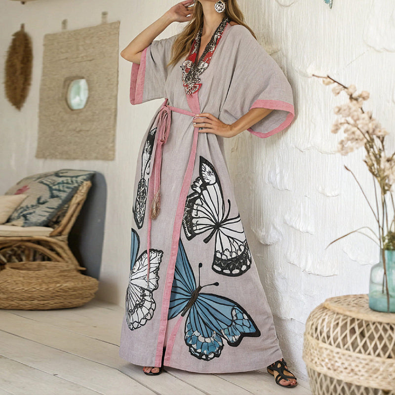 Women's Butterfly Art Linen V-neck Robe artswardrobe