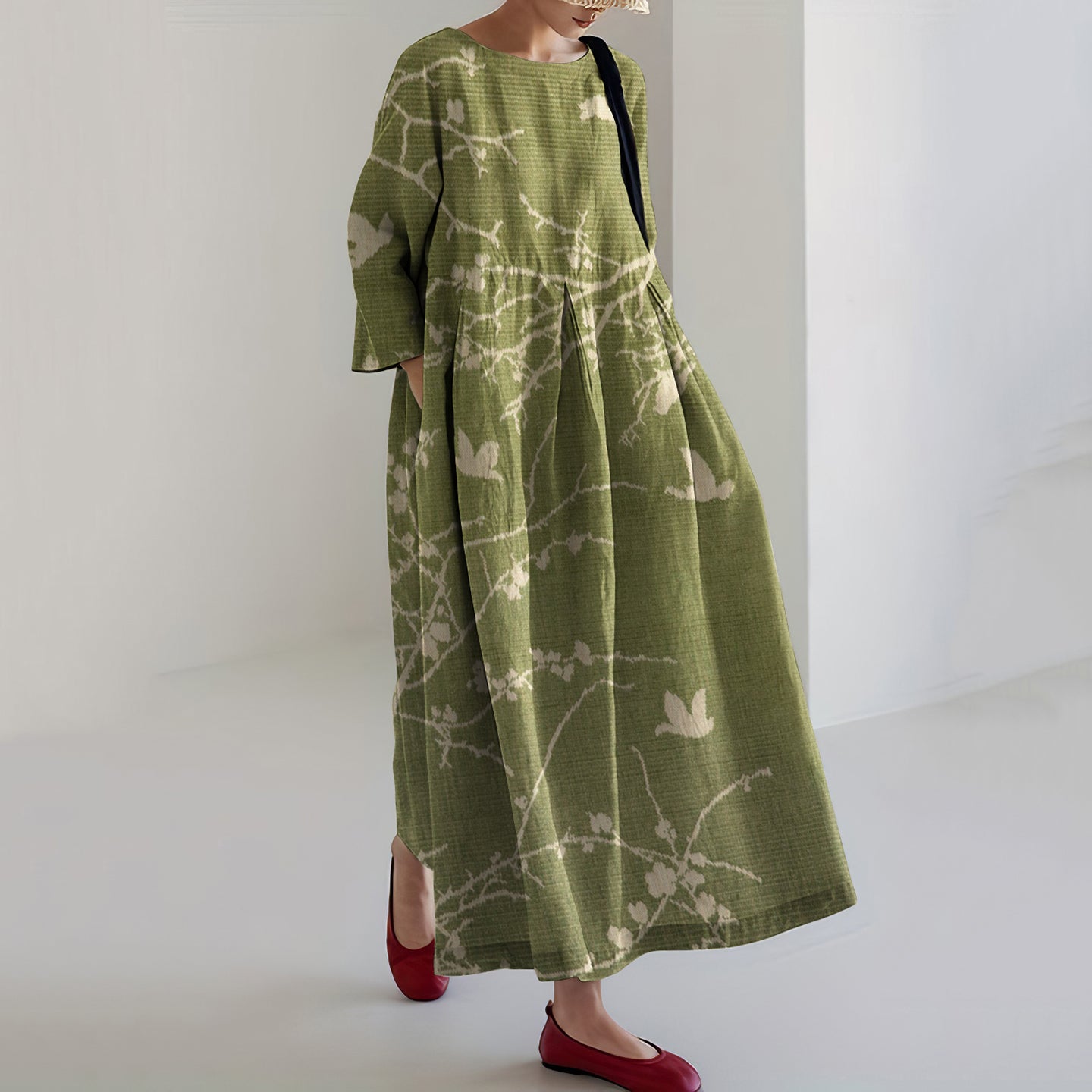 Comstylish Japanese Art Flower Print Loose Casual Midi Dress