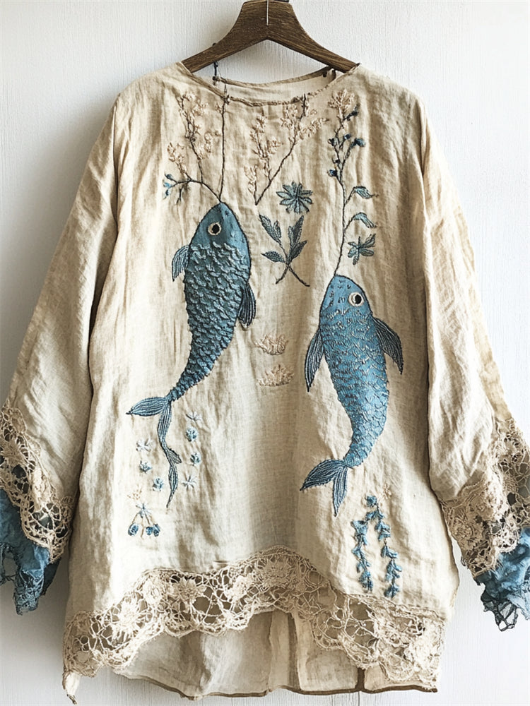 Carp Fish Embroidered Lace Hem Linen Blend Tunic artswardrobe