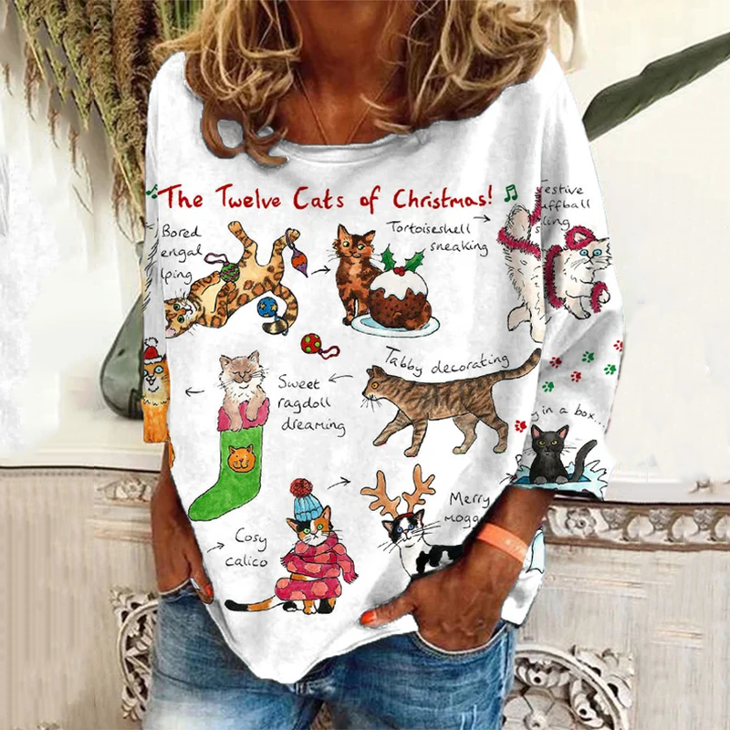 Women's The Twelve Cats Of Christmas Pattern Print Long Sleeve T-Shirt elevenforest