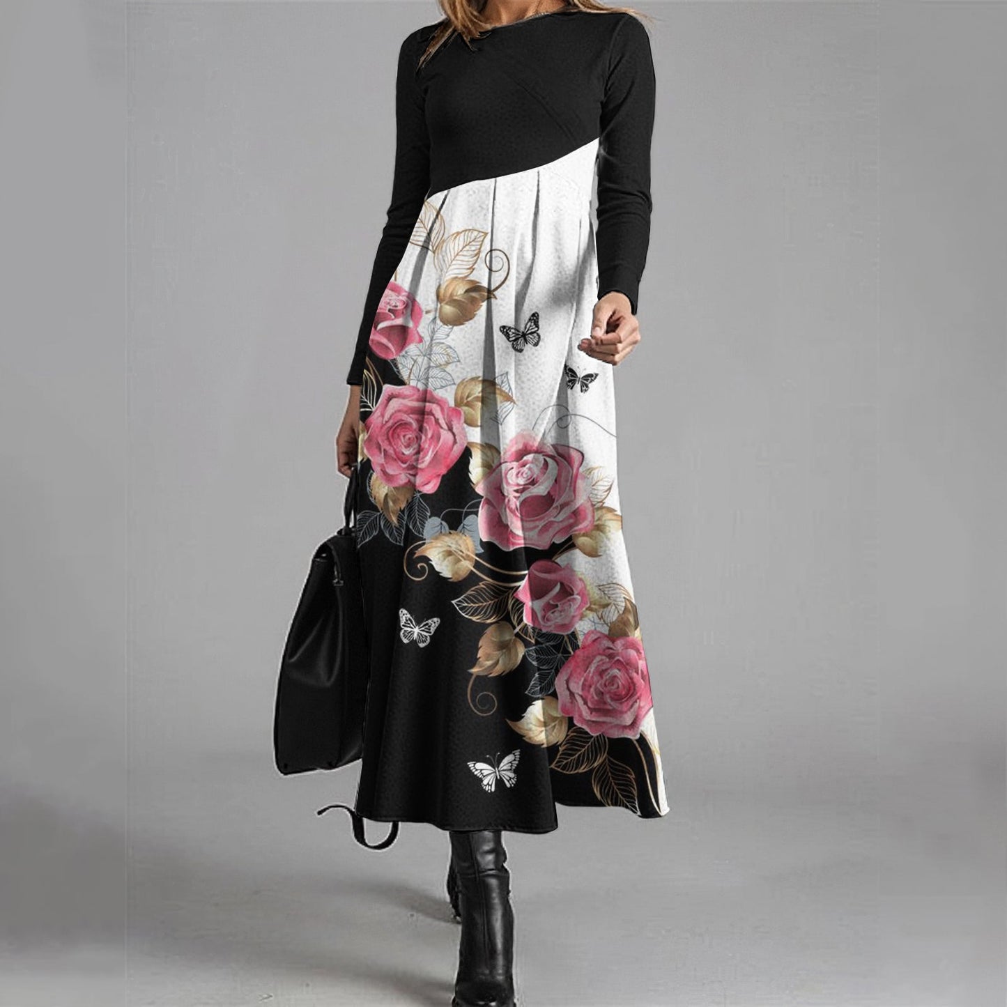 Elegant Contrast Rose Print Wool Midi Dress elevenforest