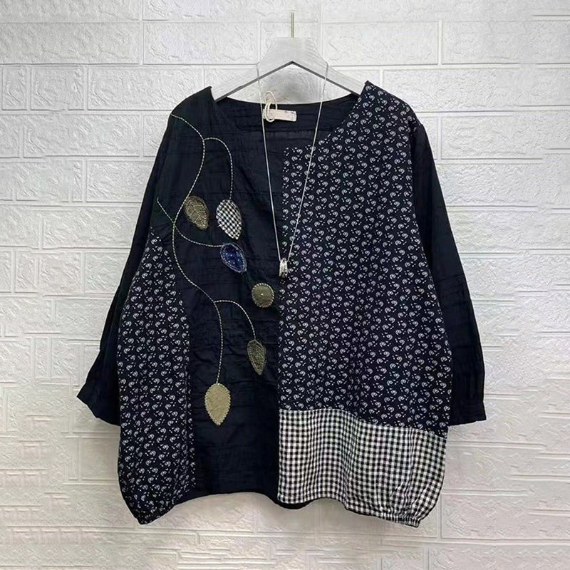 Comstylish Japanese Style Embroidered Floral Spliced round Neck T-shirt
