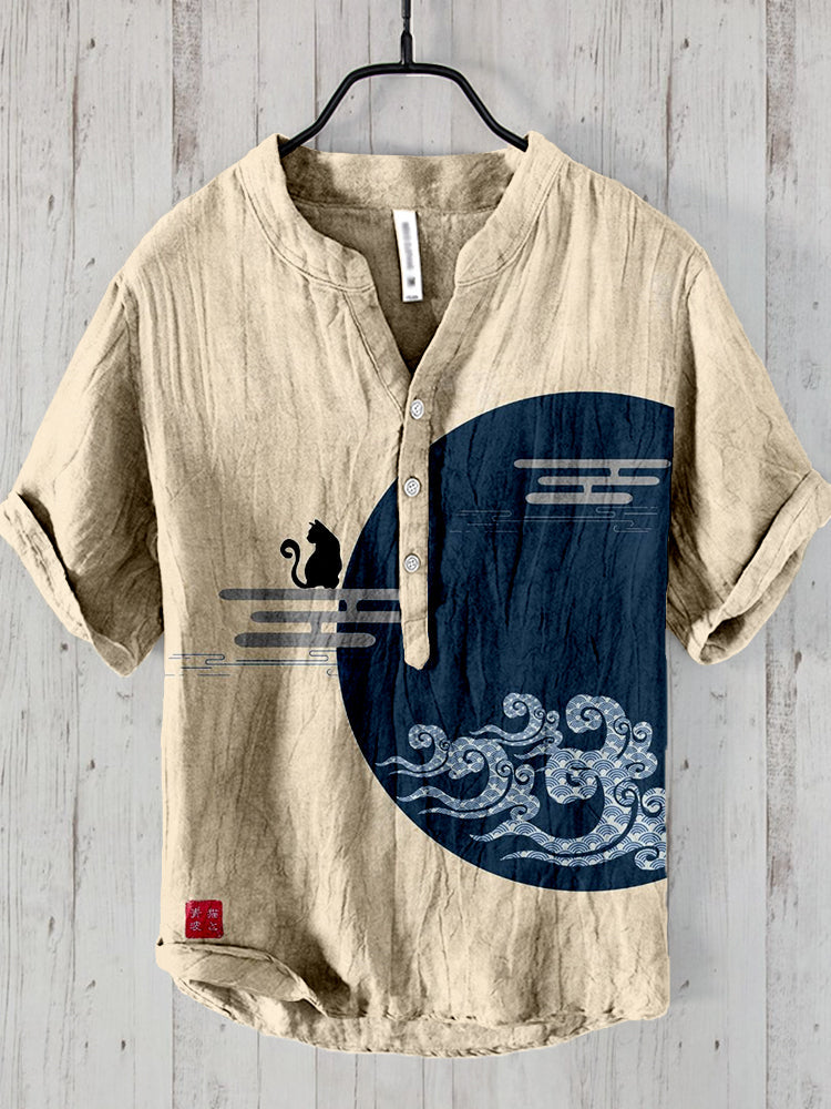 Japanese Ocean Waves & Cat Art Linen Blend Shirt elevenforest