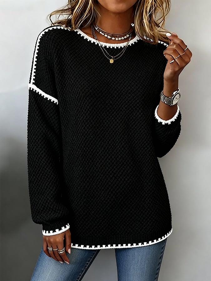 Women'S Casual Round Neck Contrast Color Knitted Top