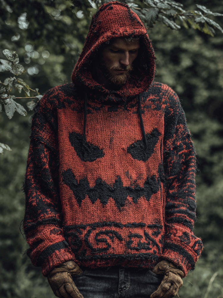Men's Vintage Viking Halloween Ghost Face Embroidered Hoodie elevenforest