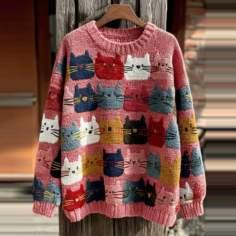 Women's Colorful Cats Pattern Art Cozy Knit Sweater elevenforest