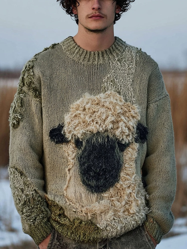 Men's Fuzzy Blacknose Sheep Embroidered Cozy Knit Sweater elevenforest
