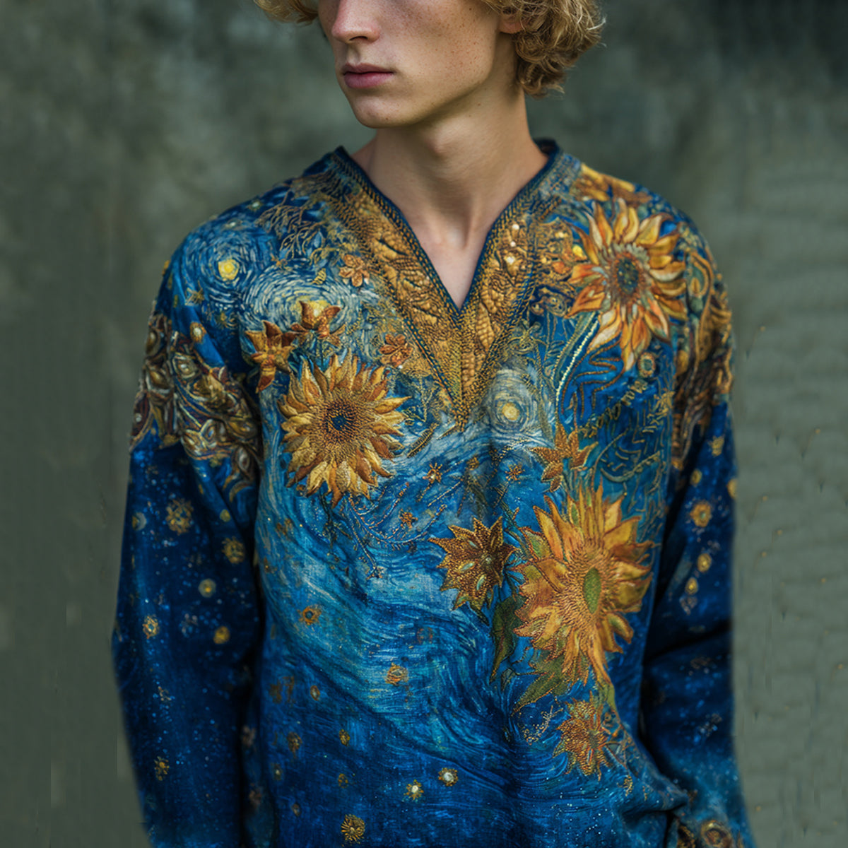 Men's Oil Painting Sunflower And Starry Night Embroidery Linen V-neck Loose T-shirt artswardrobe