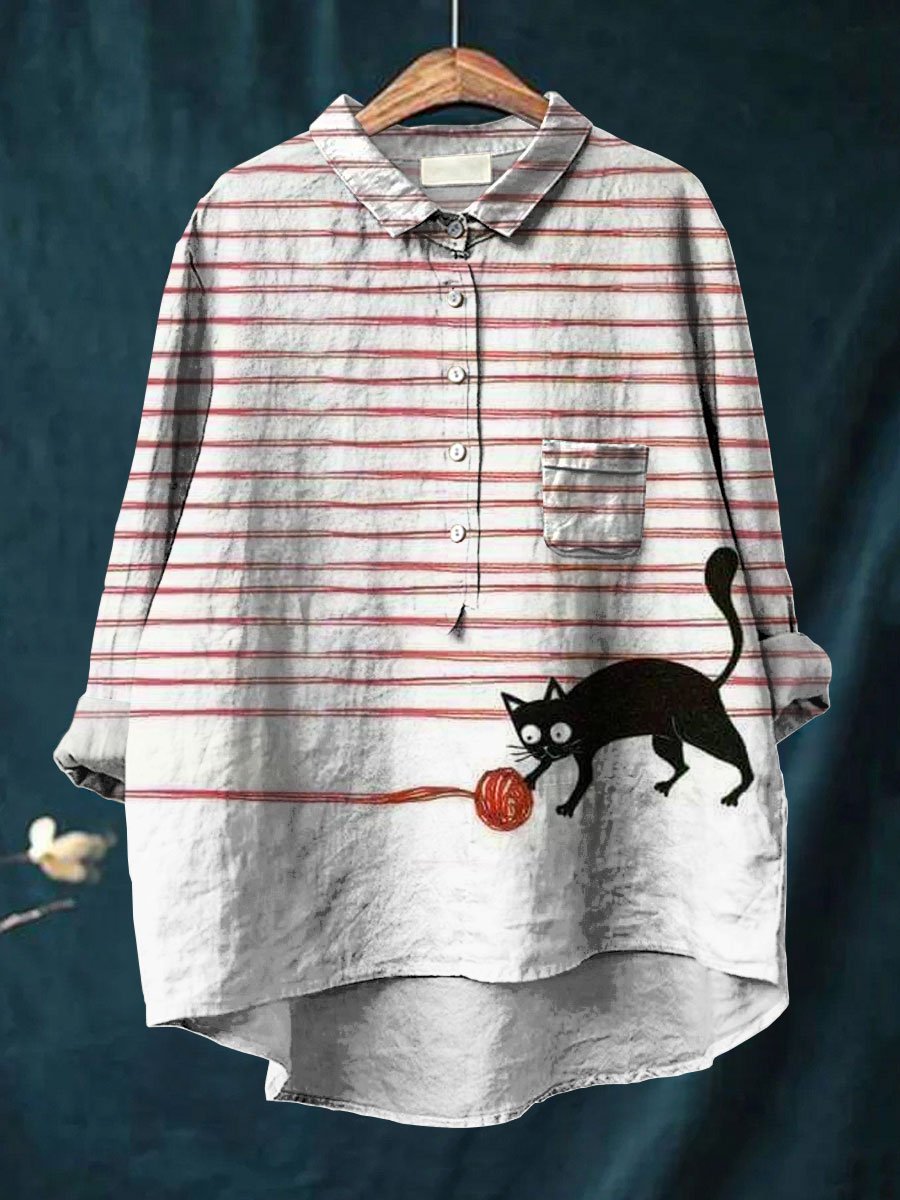 Women's Cat Print Casual Cotton And Linen Shirt