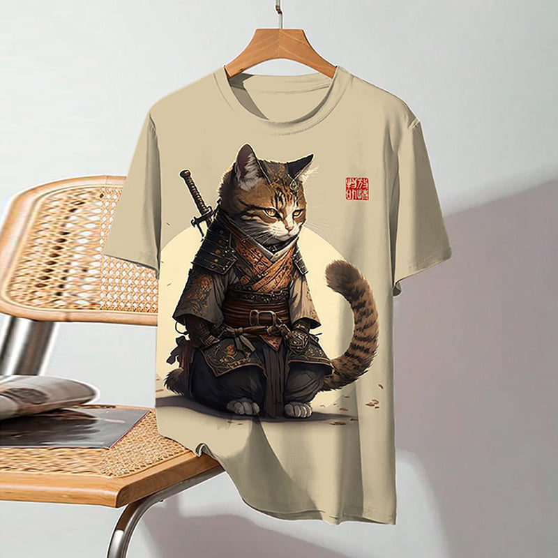 Men's Japanese Style Samurai Cat Art Print Short Sleeve T-Shirt elevenforest