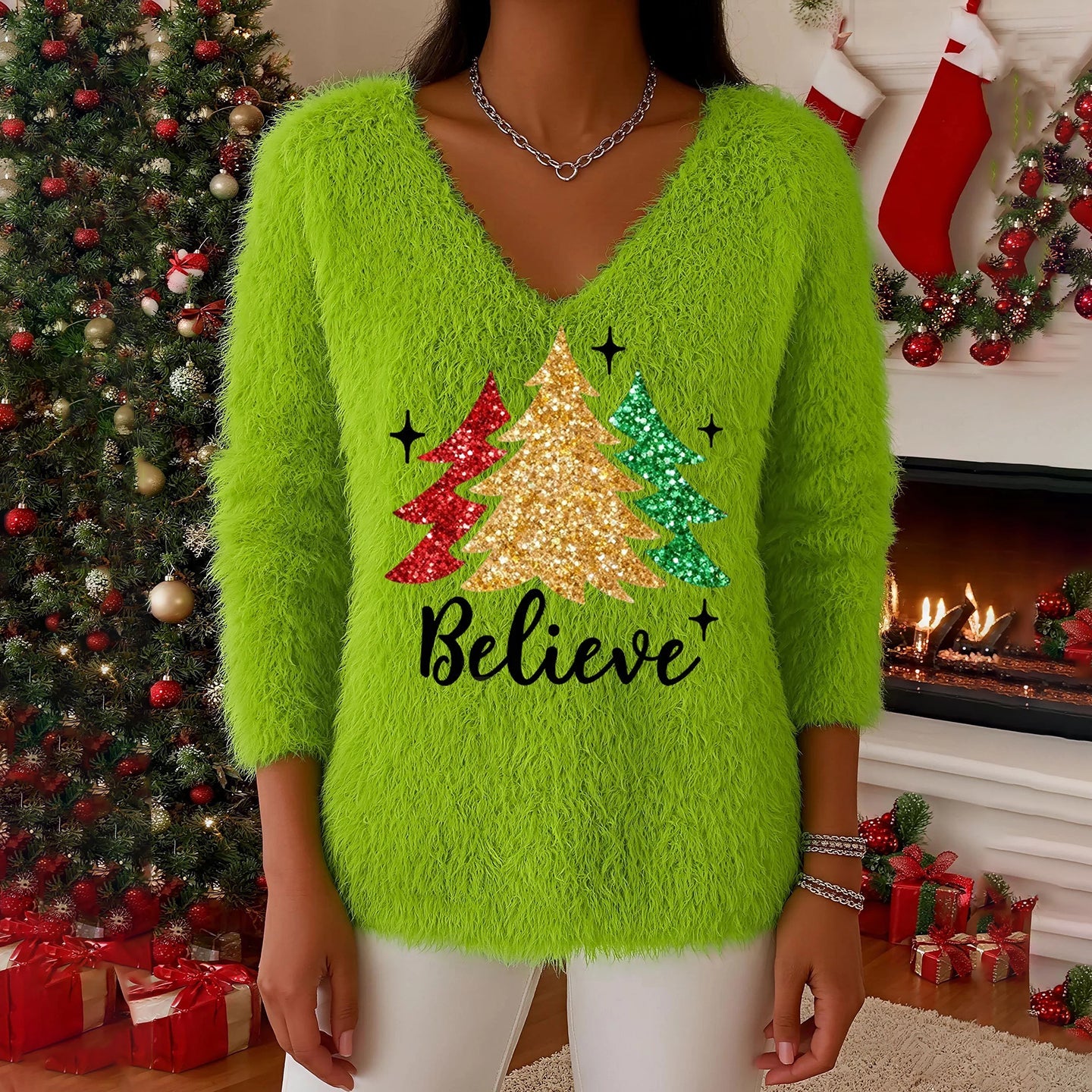 Comstylish Women's Christmas Tree Art Plush Sweatshirt
