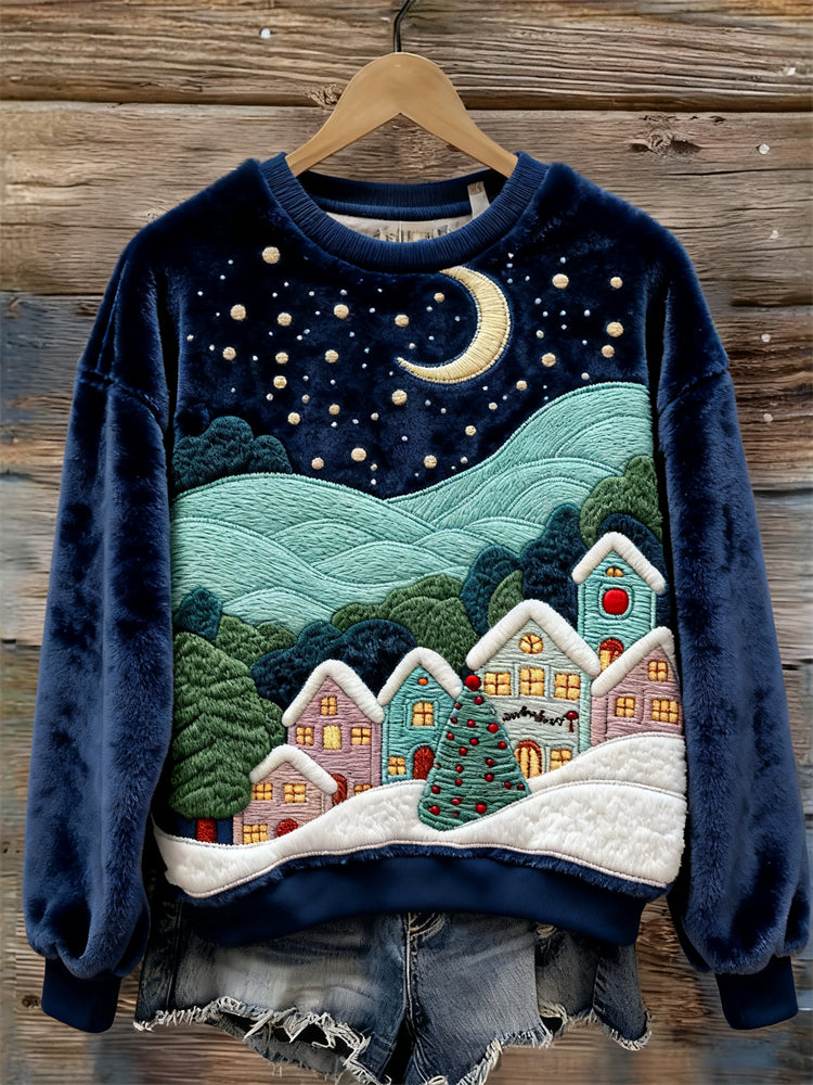 Comstylish Christmas Snowy Silent Night Landscape Cozy Plush Sweatshirt