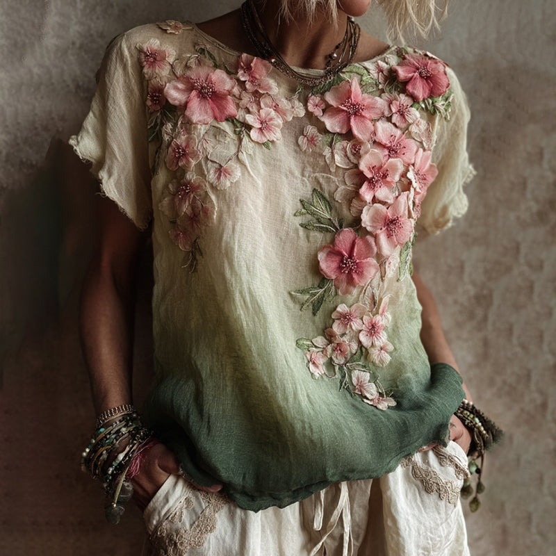 Vintage Cherry Blossom Gradient Art Linen T-shirt artswardrobe