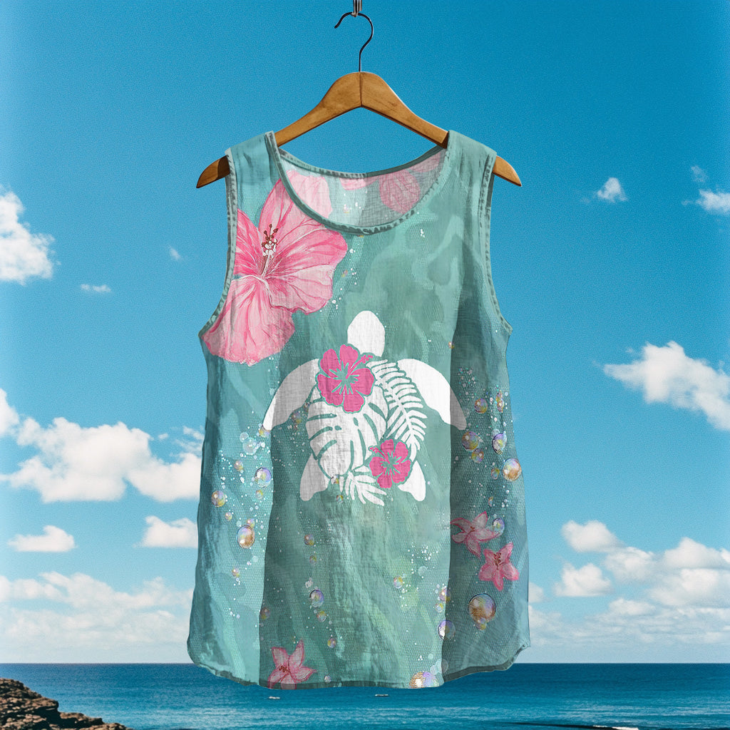 Women's Loose Sea turtle In Floral Linen Sleeveless Tank Top artswardrobe