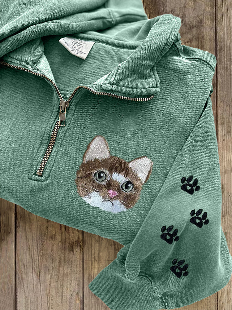 Cute Cat Face Embroidered Zip-up Sweatshirt artswardrobe