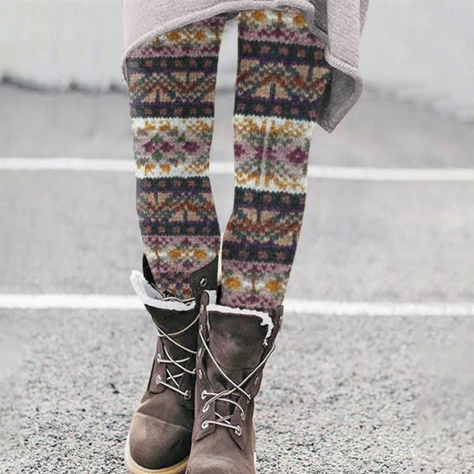 Vintage Floral Colorblock Patchwork Cozy Knit Leggings artswardrobe