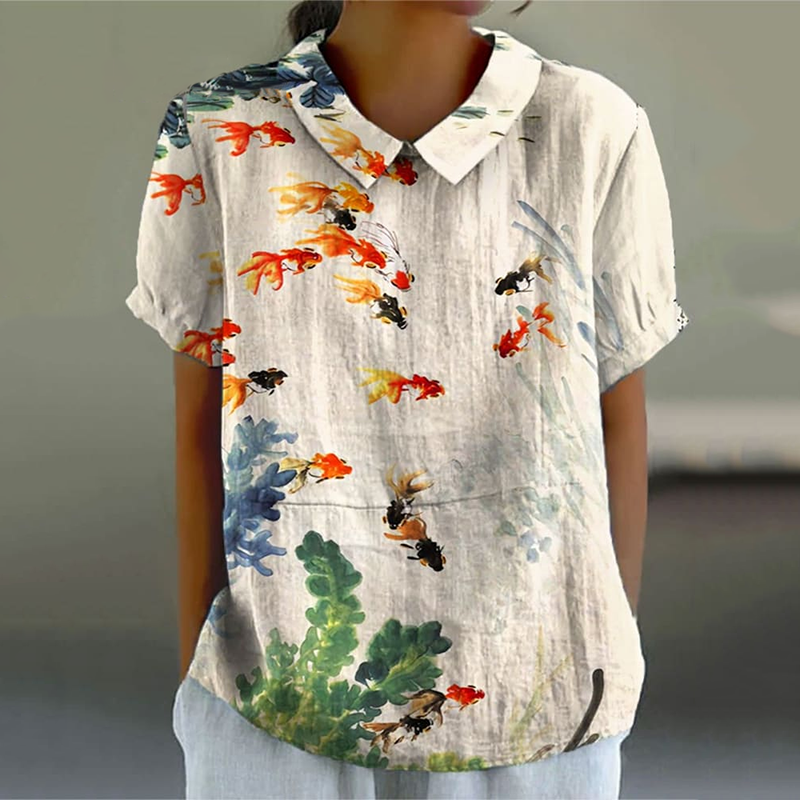 Comstylish Retro Watercolor Fish Art Pattern Printed Casual Women's Cotton Linen Shirt