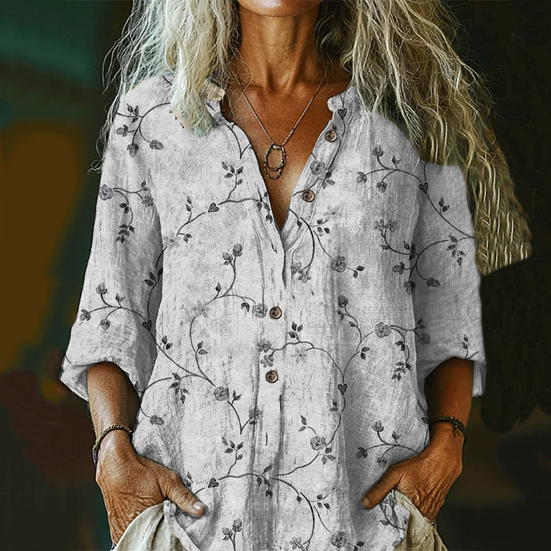 Comstylish Women's Vintage Floral Art Print Casual Cotton And Linen Shirt