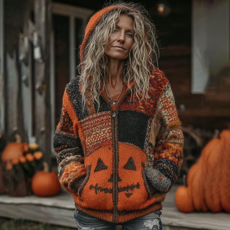 Halloween Pumpkin Face Patchwork Art Cozy Knit Hooded Cardigan artswardrobe