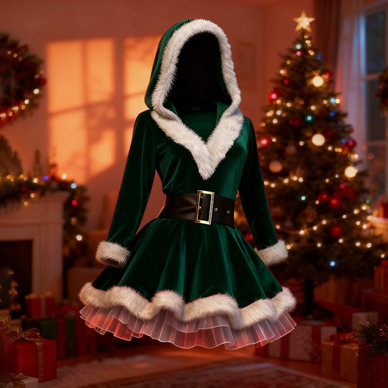 Comstylish Retro Christmas Outfit Fluffy Velvet Hooded Dress(includes Belt And Inner Skirt)