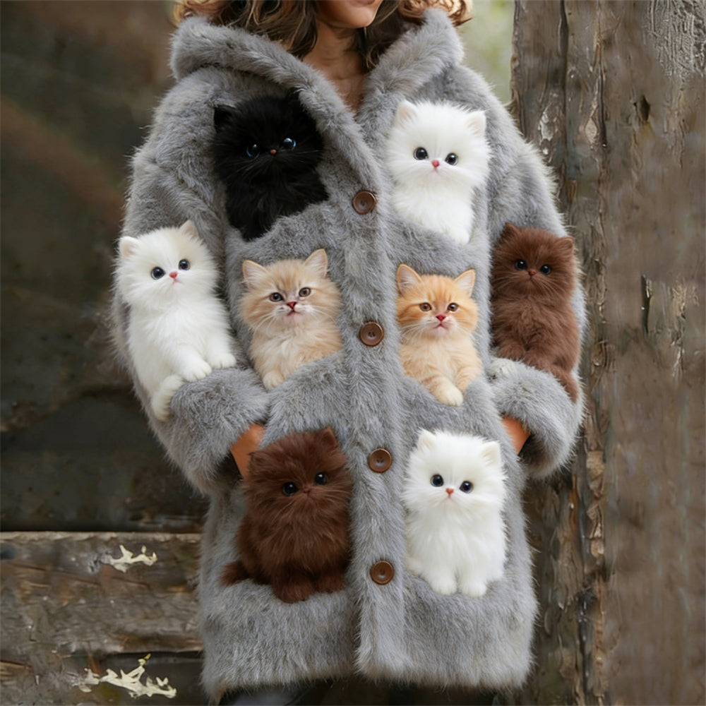 Comstylish Winter Cute Plush Cats Women's Hooded Plush Cardigan