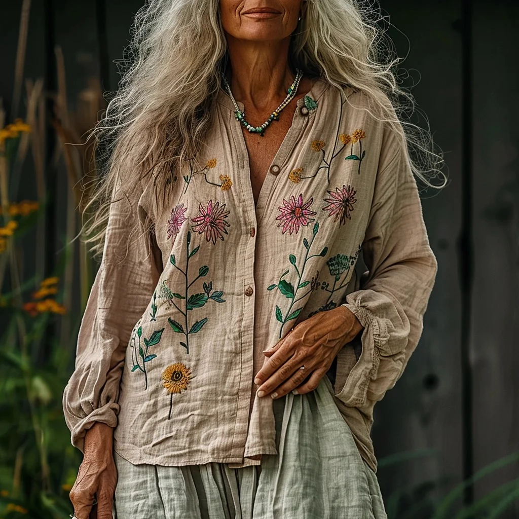 Bohemian Linen Floral Art Print Long Sleeve Loose Shirt artswardrobe