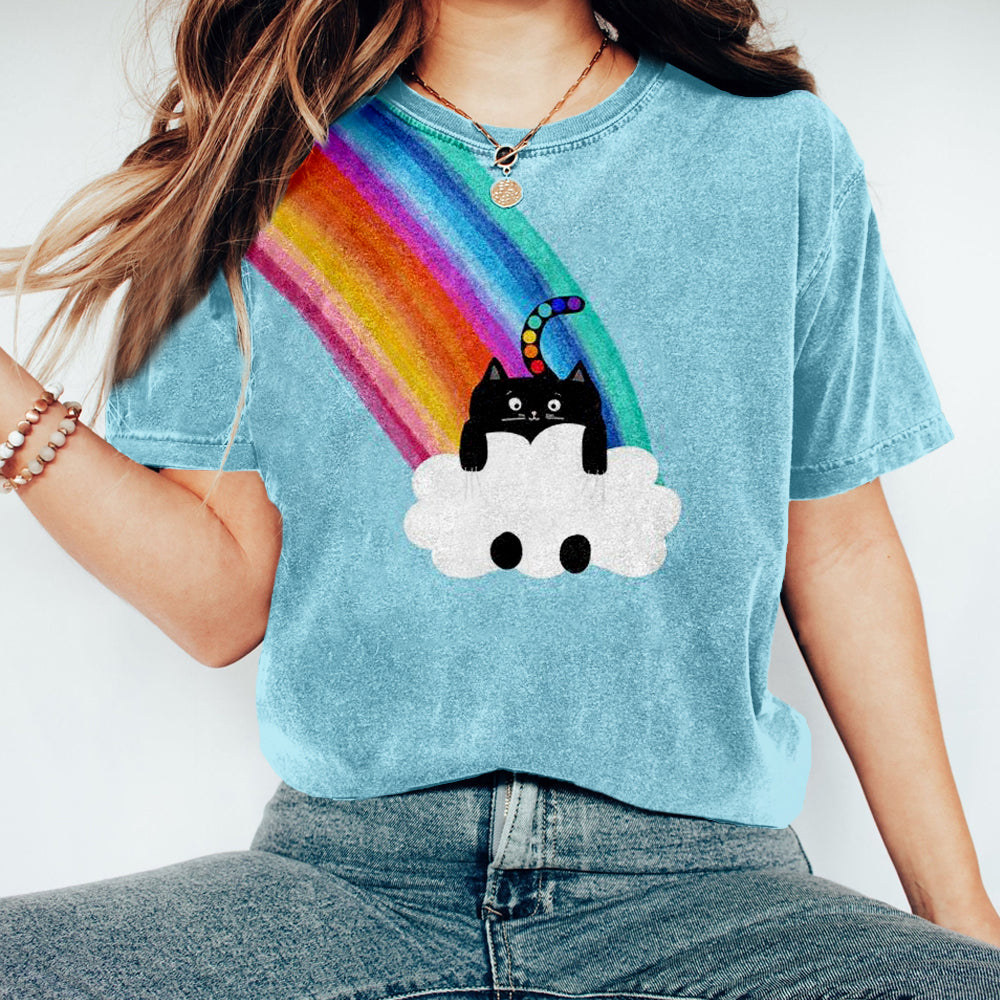 Cat Rainbow Art Print Washed Cozy T Shirt elevenforest