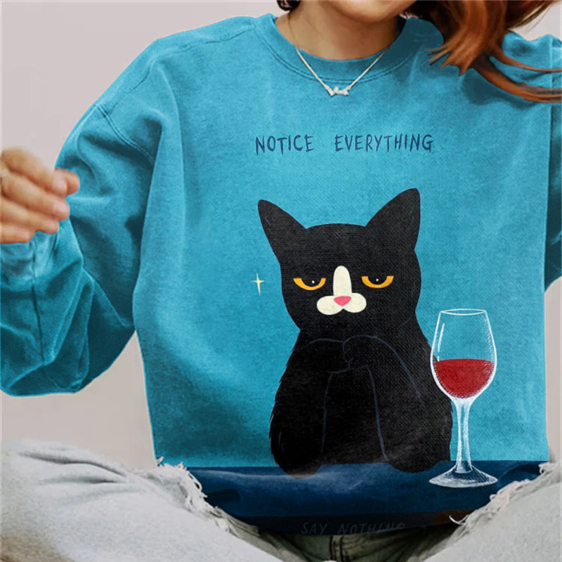 Comstylish Notice Everything Say Nothing Cat Print Crew Neck Sweatshirt