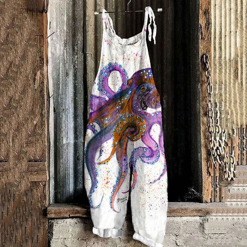 Comstylish Vintage Colorful Octopus Linen Blend Loose Casual Jumpsuit