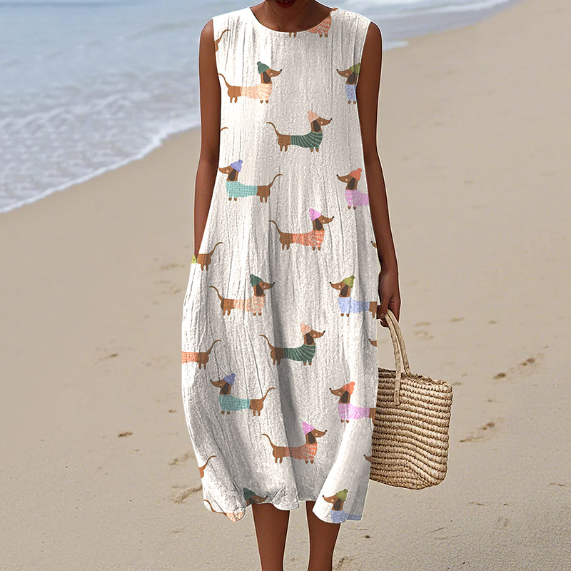Retro Cute Dachshund Dog Art Linen Tank Midi Dress artswardrobe