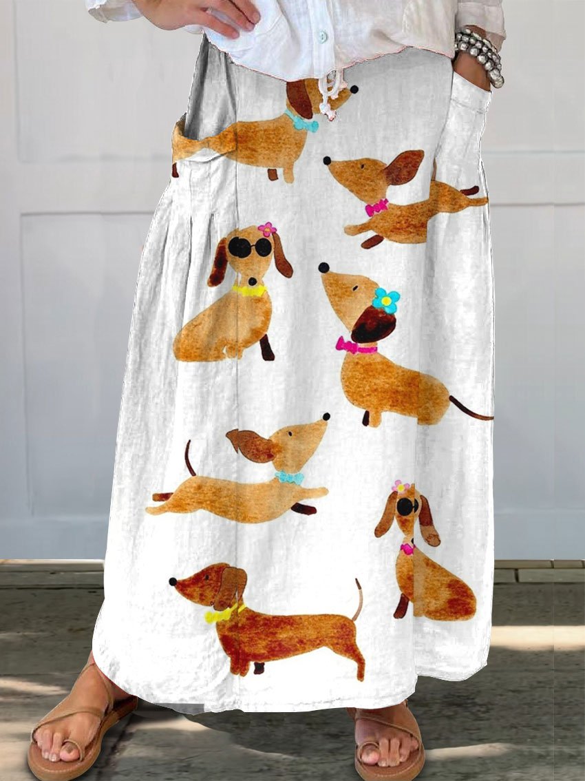 Women's Cute Dachshund Art Art Print Linen Pocket Skirt