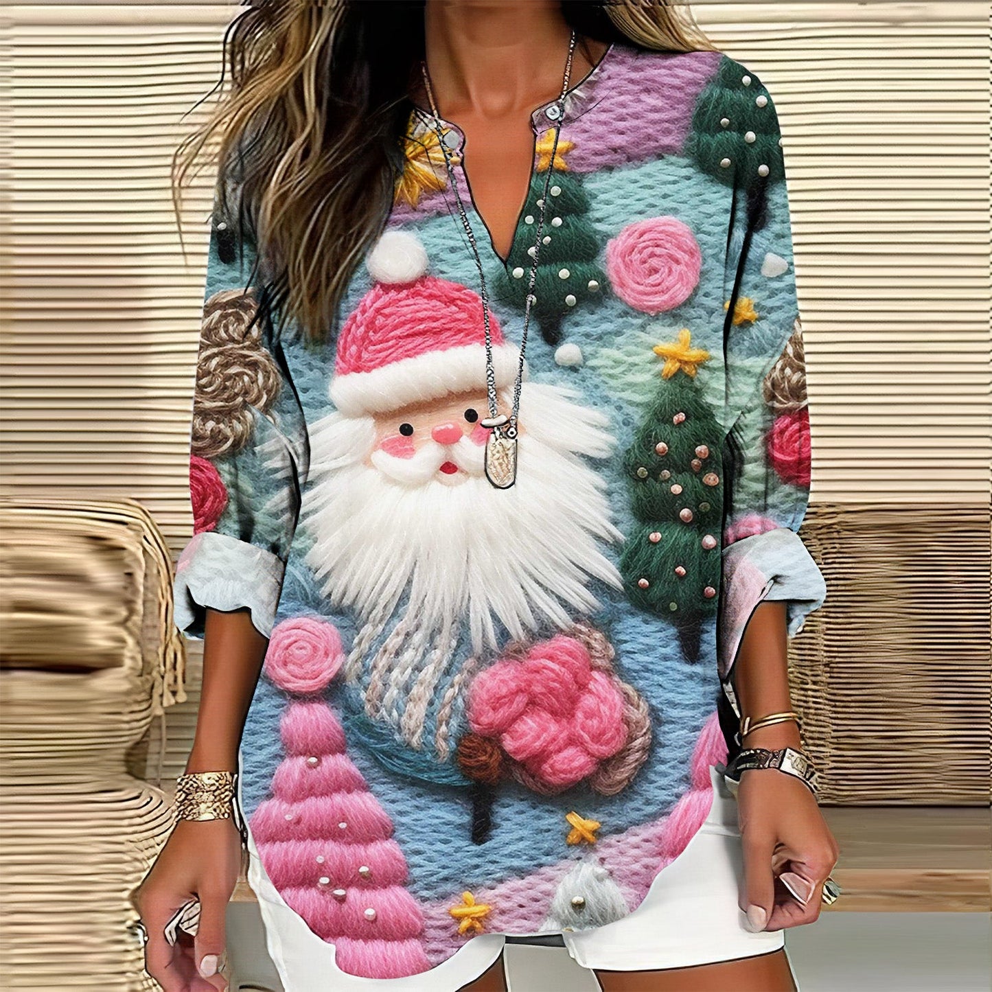 Comstylish Santa Claus Printed V-Neck Long Sleeved Casual Blouse