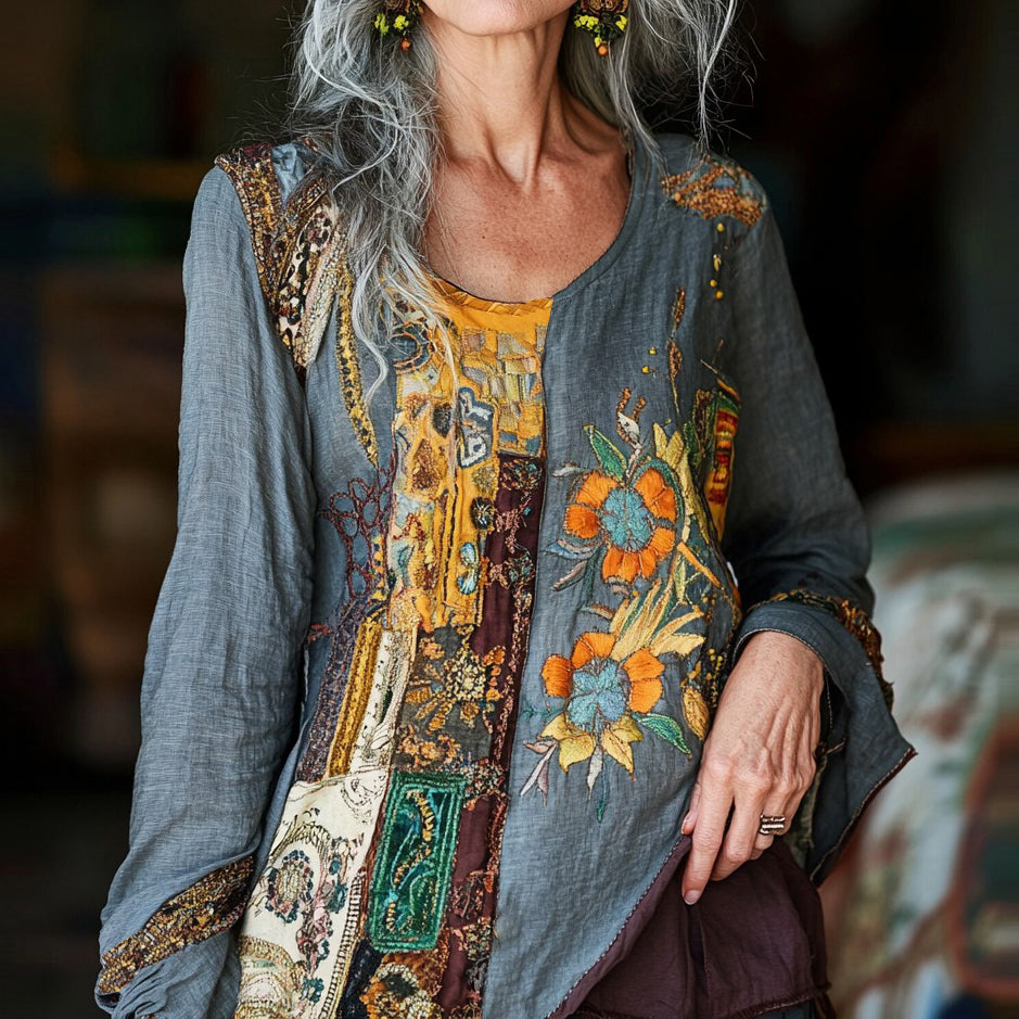 Vintage Tribal Patchwork Art Floral Embroidery Linen Blend Women's Tops artswardrobe