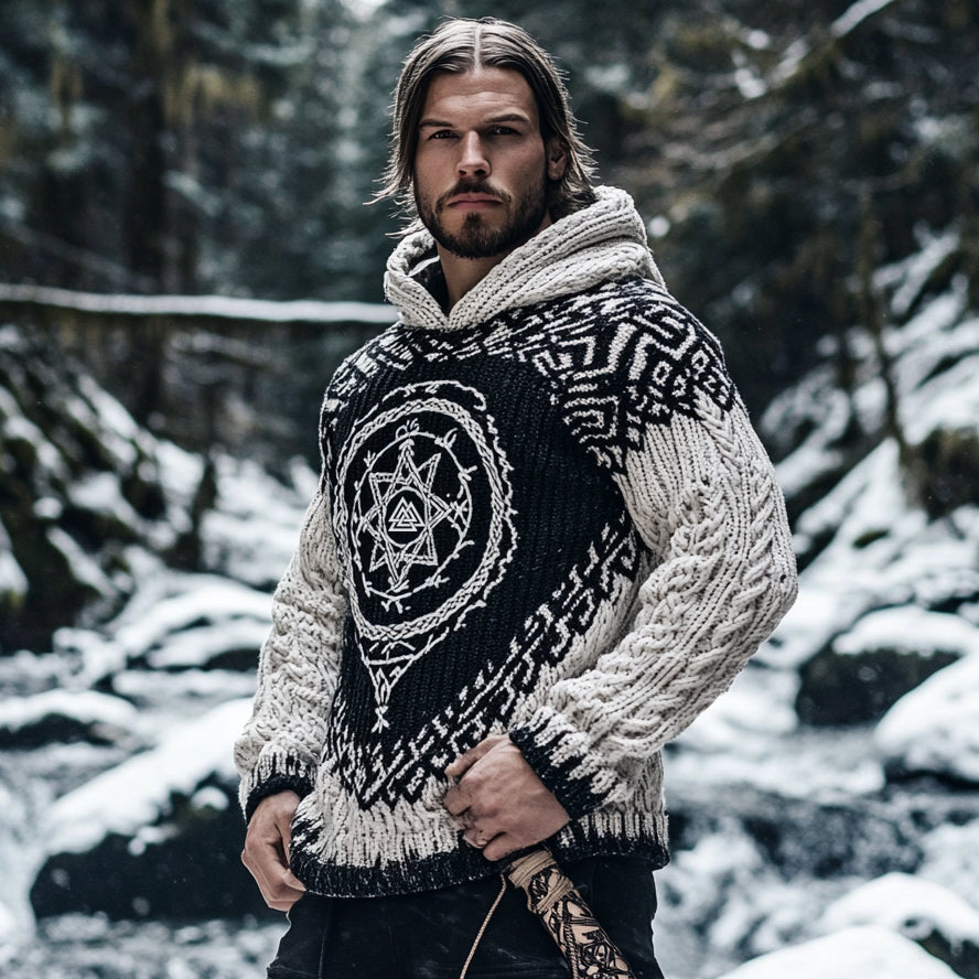Men's Viking Tribal Jacquard Celtic Knotwork Vintage Rune Inspired Chunky Knit Hooded Sweater elevenforest