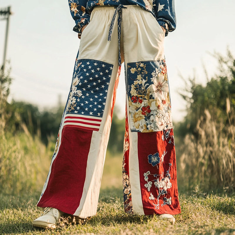 Women's Vintage Independence Day Floral Embroidery Patchwork Design Linen Wide Leg Pants artswardrobe