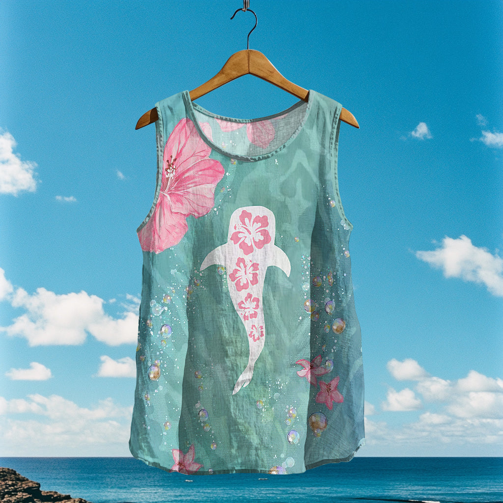 Women's Loose Sea whale In Floral Linen Sleeveless Tank Top artswardrobe
