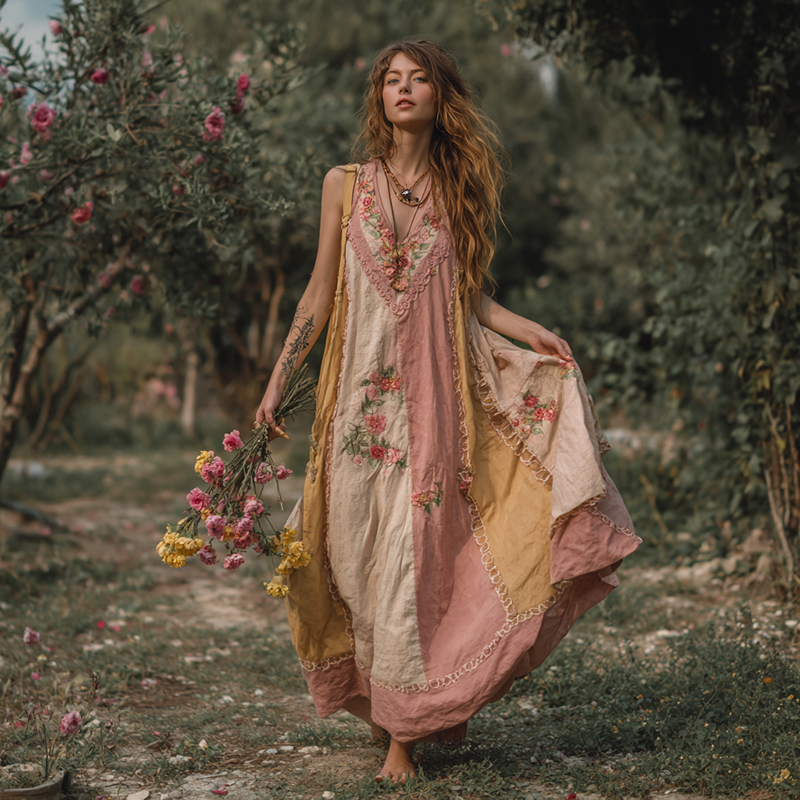 Women's Retro Bohemian Rose Pattern V-neck Dress artswardrobe