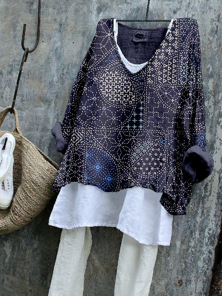 Comstylish Vintage Japanese Sashiko Art Linen Blend Cozy Tunic