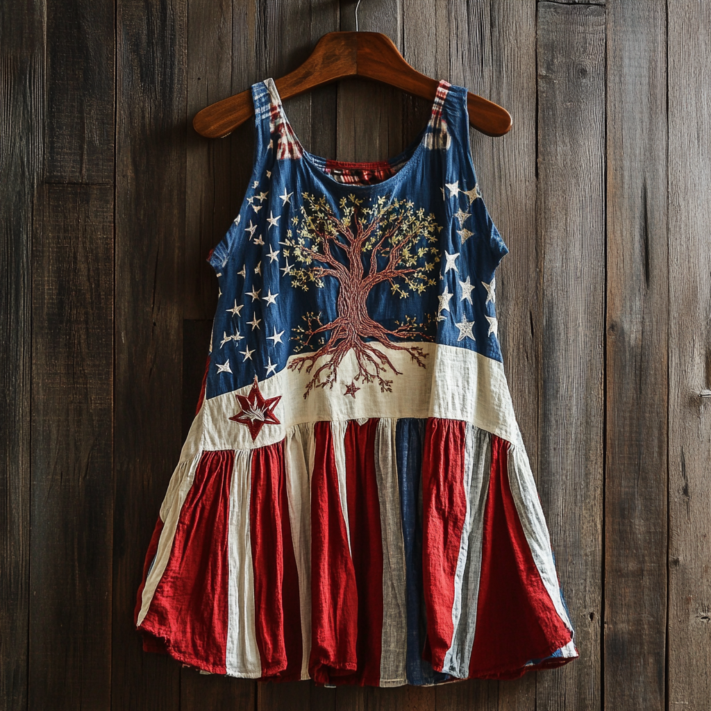 Women's Vintage Independent Day American Flag With Tree Of Life Art Linen Sleeveless Tank Top artswardrobe