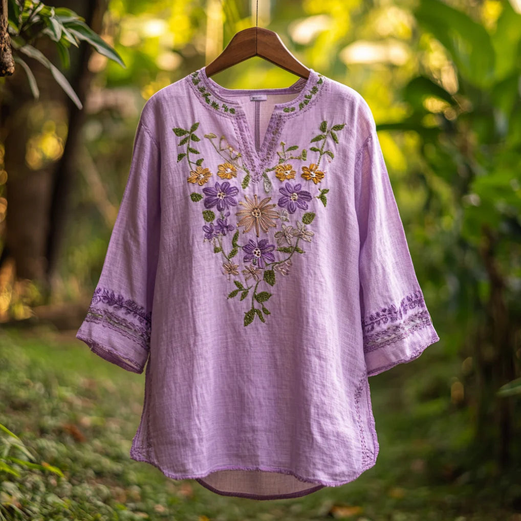 Women's Purple Flowers Embroidery Vintage Linen Shirt artswardrobe