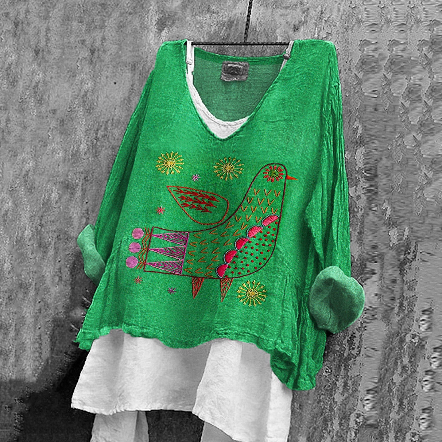Comstylish Women's Vintage Floral And Bird Embroidery Cozy Shirt