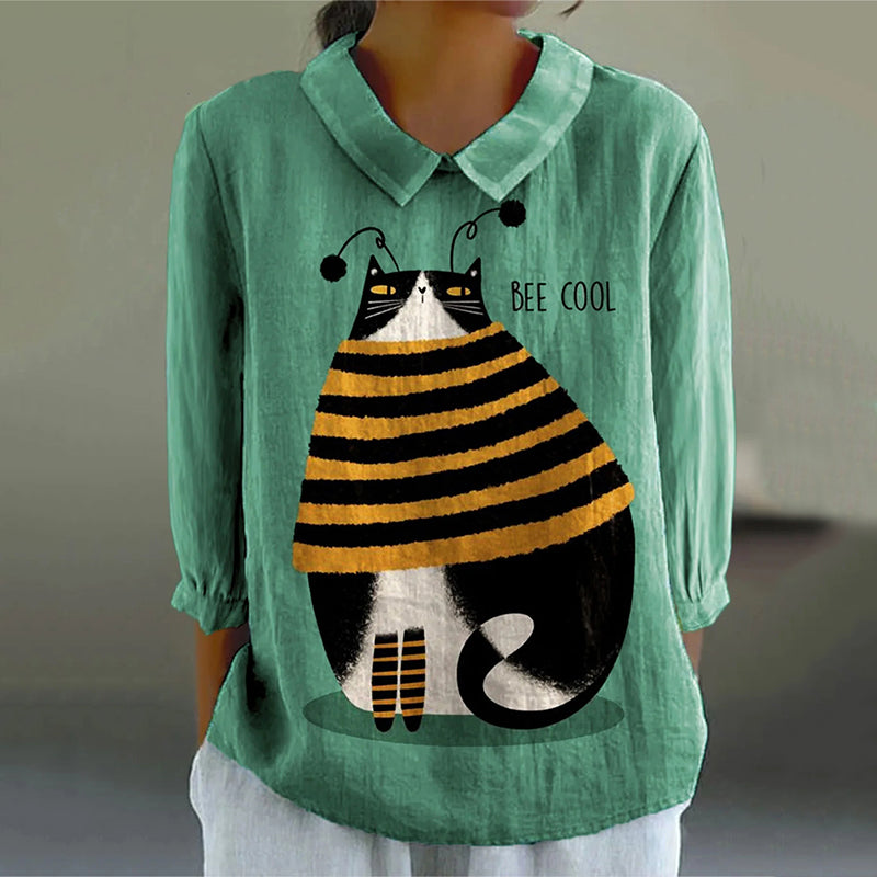 Women's Cute Cat Art Casual Linen Shirt artswardrobe