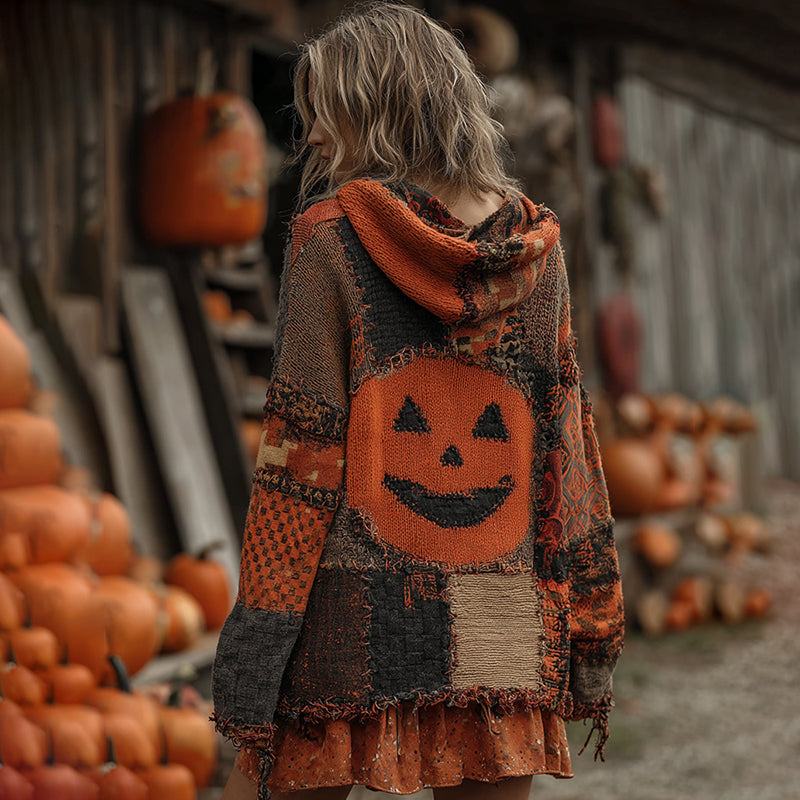 Patchwork Halloween Pumpkin Face Art Cozy Knit Hooded Cardigan artswardrobe