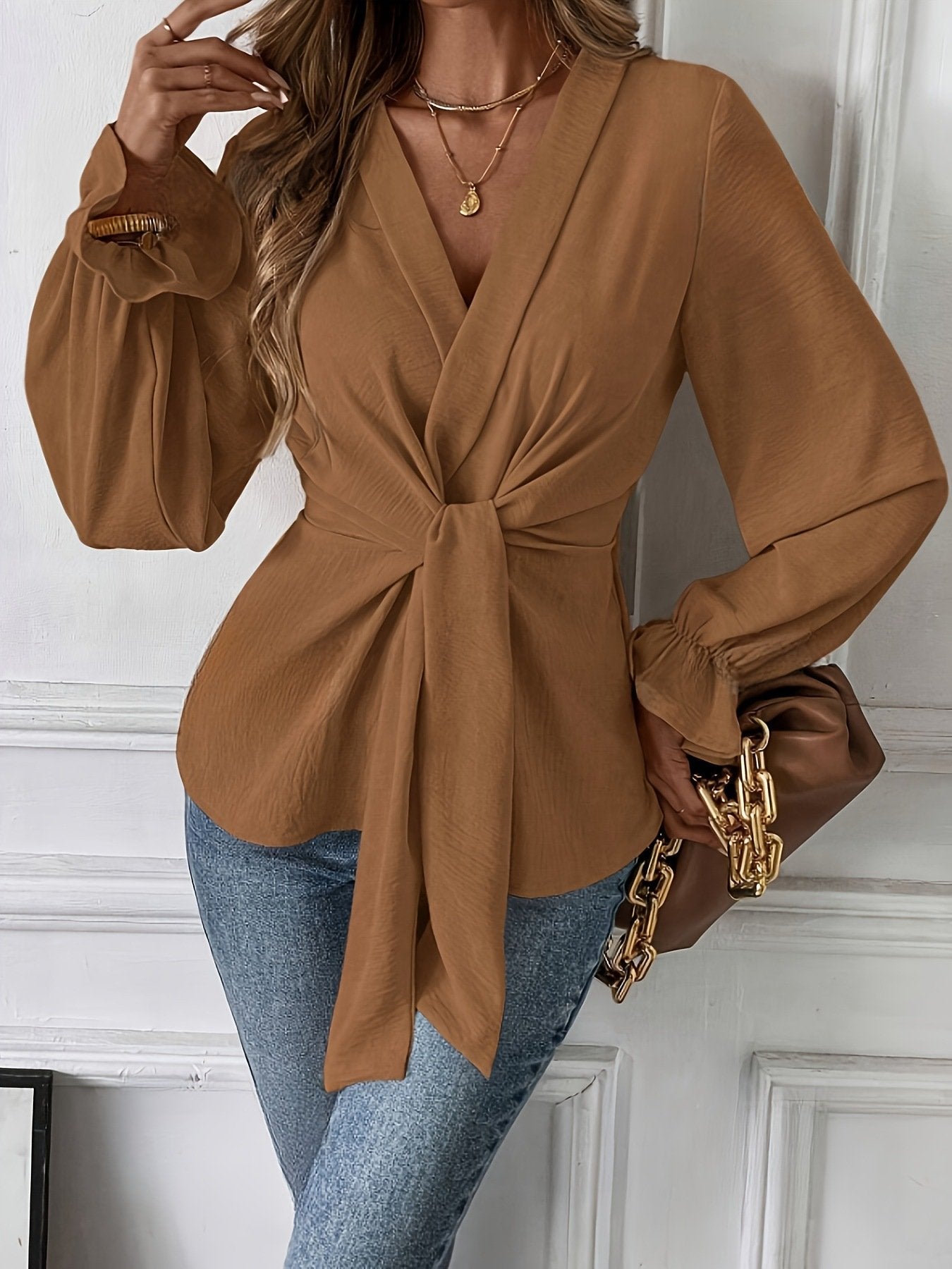 New Women's Elegant V-Neck Long Sleeve Blouse Autumn Top Loose Style