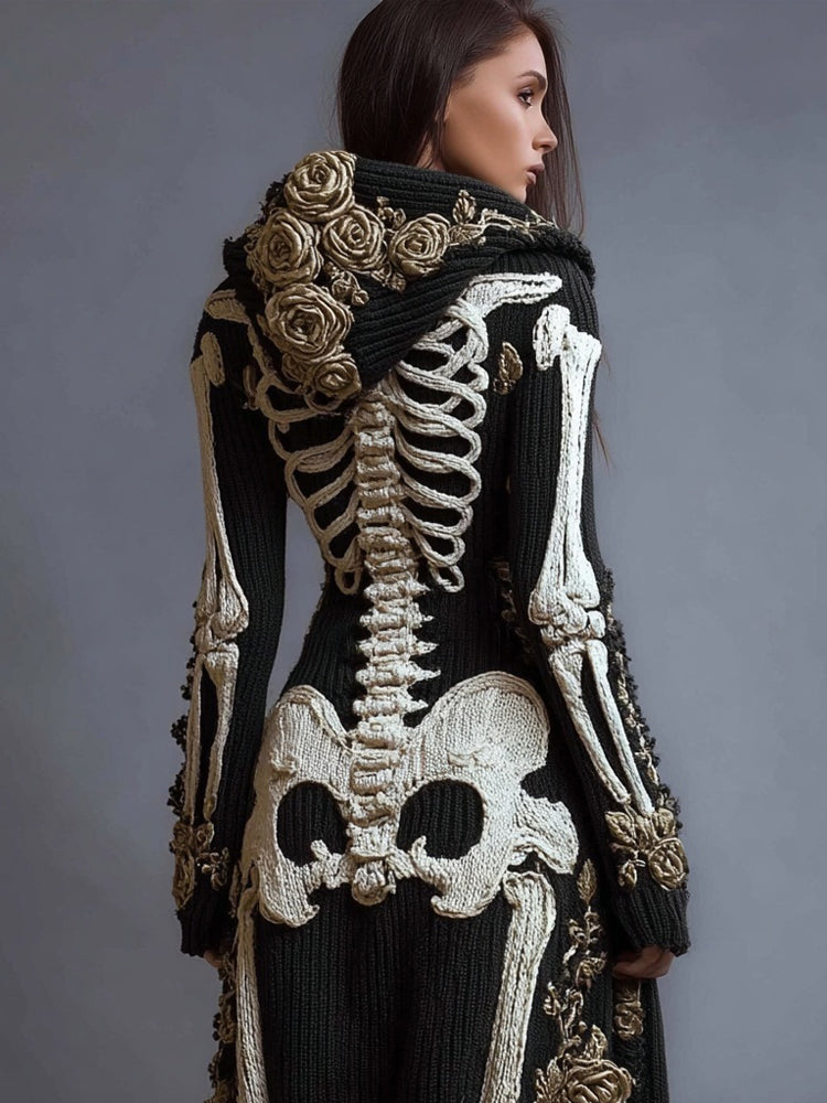 Comstylish Vintage Skeleton Roses Embroidered Knit Hooded Cardigan