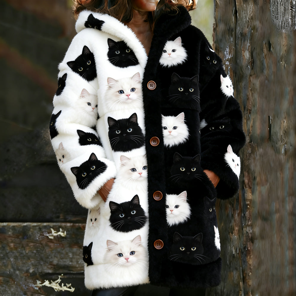 Comstylish Cross Together Black And White Cat Plush Warm Long Hooded Cardigan